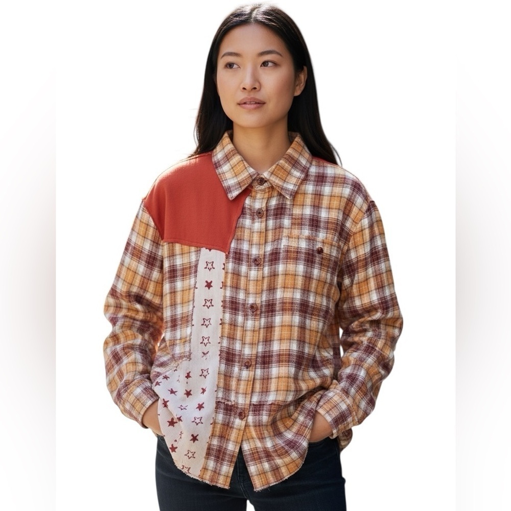 POL "North Star" Plaid & Star Patchwork Contrast Shacket Jacket L NWOT - Picture 5 of 5